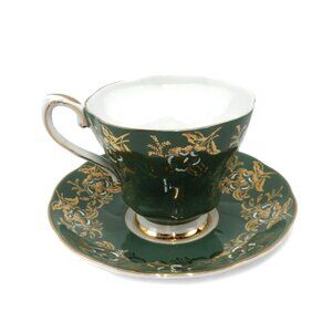 ROYAL GRAFTON Teacup and Saucer Set Elegant Green Gold Floral Vintage